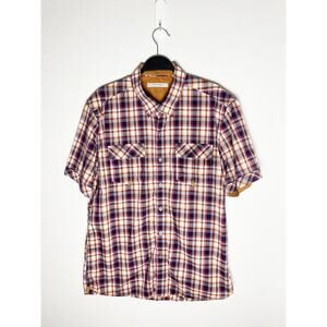 7 Diamonds Mens Short Sleeve Plaid Shirt Suede Accents Brown Maroon Beige Casual